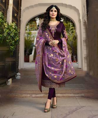 Purple Embroidered Georgette Salwar Free size full stitched Up To 42" Size 1