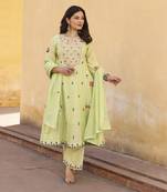 Pista green machine embroidery chanderi kurta set