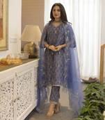 Blue embroidered chanderi kurta set