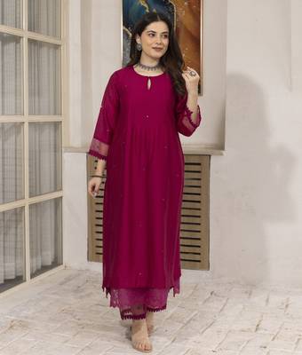Neon pink embroidered chanderi kurta set 1