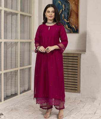Neon pink embroidered chanderi kurta set 2