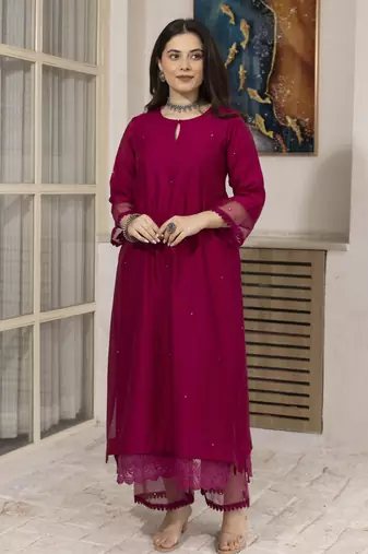 Neon pink embroidered chanderi kurta set