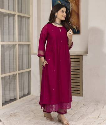 Neon pink embroidered chanderi kurta set 3