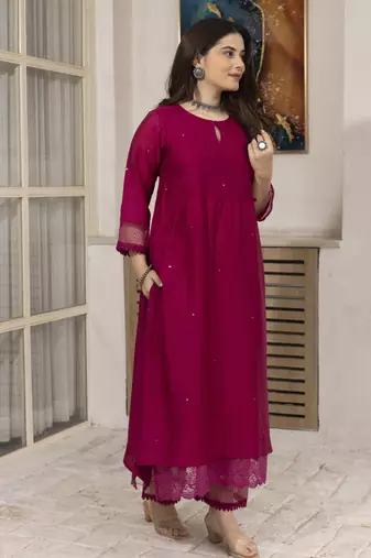Neon pink embroidered chanderi kurta set