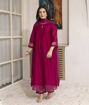 Neon pink embroidered chanderi kurta set 4