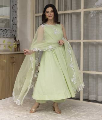 Light green embroidered cotton anarkali 1