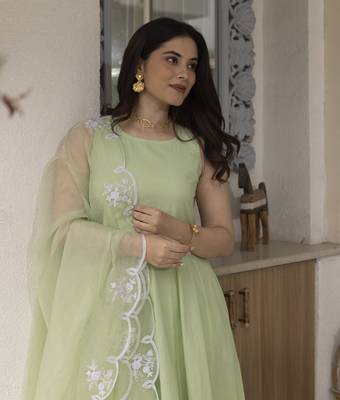Light green embroidered cotton anarkali 2