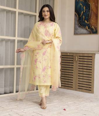 Mustard yellow embroidered chanderi kurta set 1
