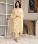 Mustard yellow embroidered chanderi kurta set