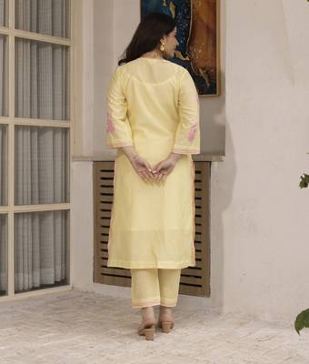 Mustard yellow embroidered chanderi kurta set 2