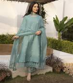 Mint green embroidered chanderi kurta set