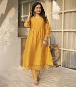 Mustard yellow embroidered chanderi kurta set