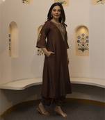 Brown embroidered chanderi kurta set