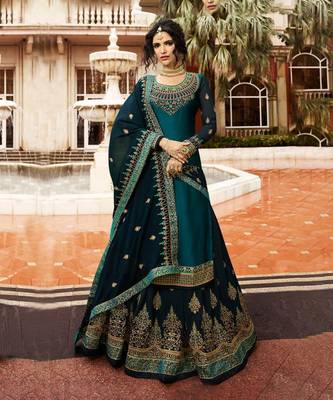 Teal Georgette Golden Embroidered Salwar Lehenga Set with Dupatta - Semi Stitched 1
