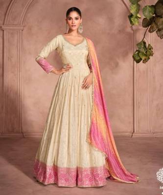 Off white & pink viscos shimmer embroidered anarkali suit (free size) 1