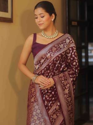 Wine silk blend saree with blouse 4