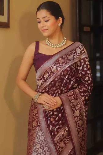 Wine silk blend saree with blouse