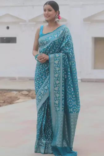 Skyblue silk blend sarees with blouse