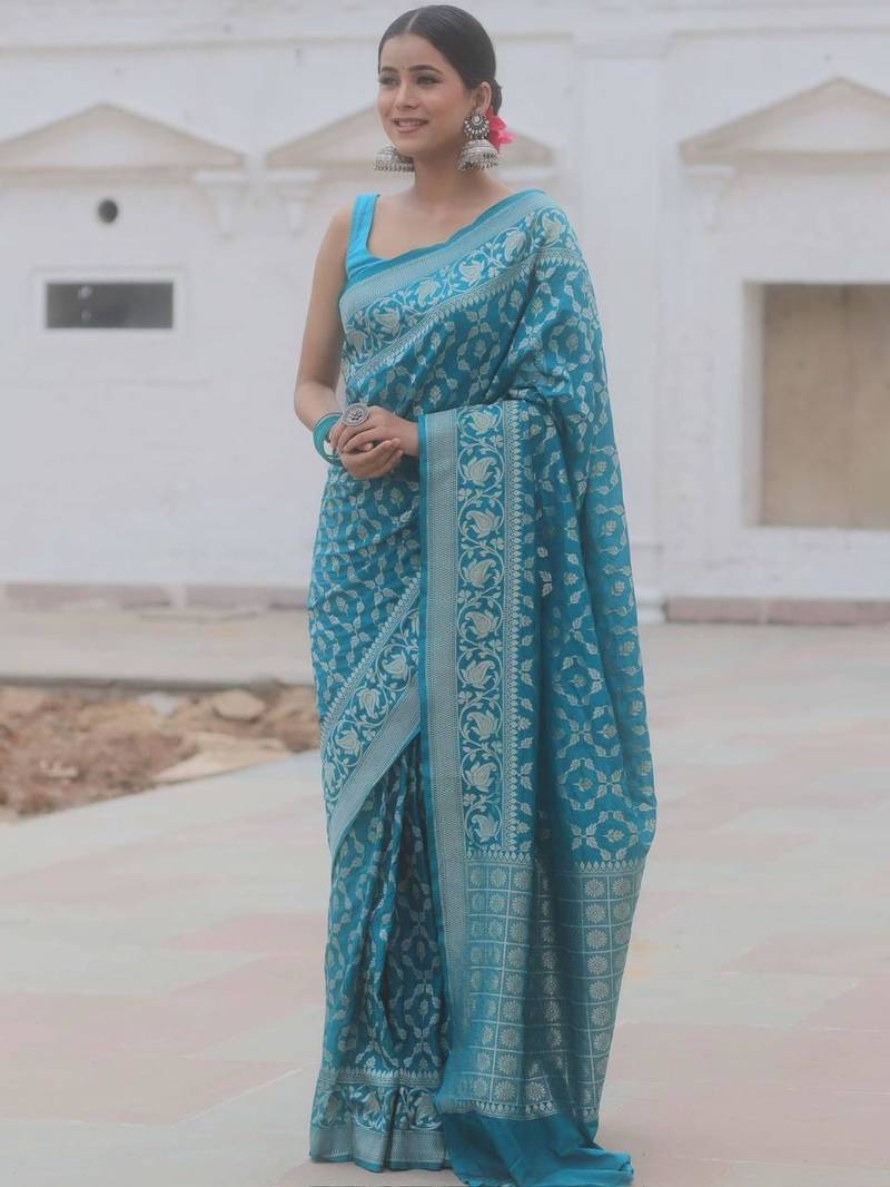 Skyblue silk blend sarees with blouse