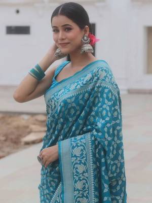 Skyblue silk blend sarees with blouse 4