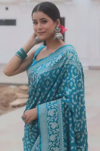 Skyblue silk blend sarees with blouse