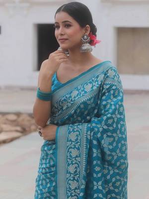 Skyblue silk blend sarees with blouse 5