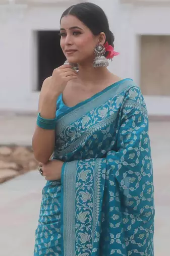 Skyblue silk blend sarees with blouse