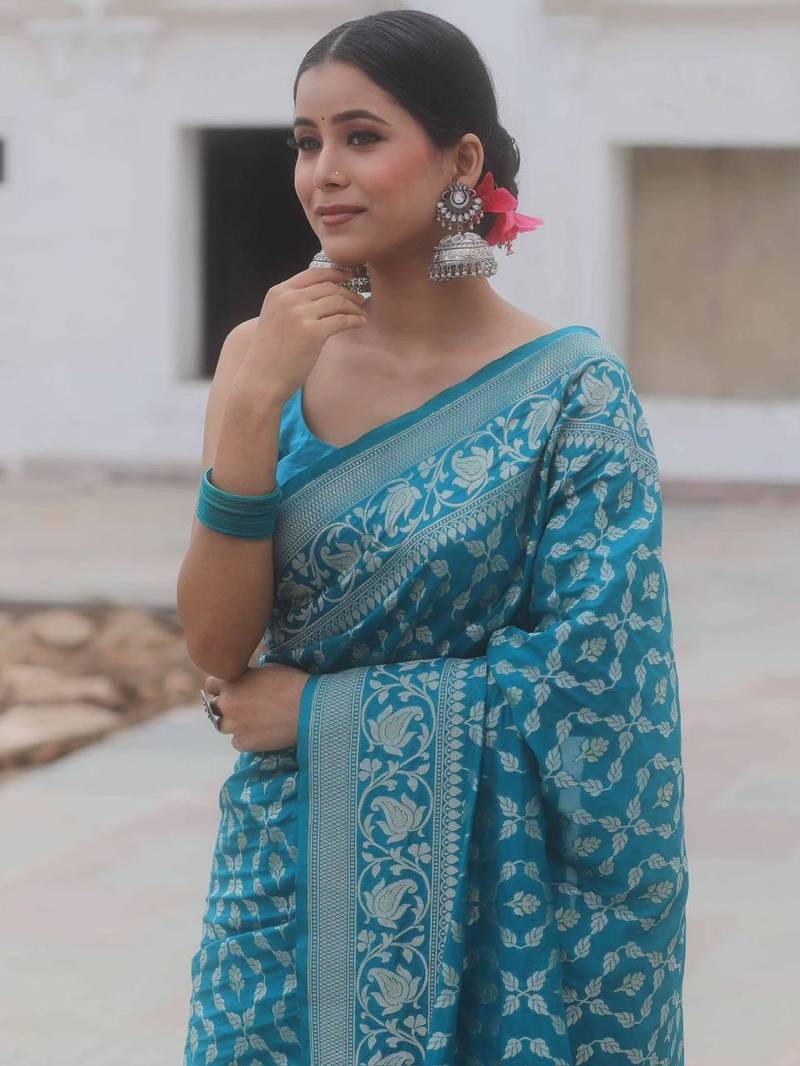 Skyblue silk blend sarees with blouse