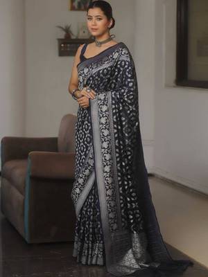 Navy blue silk blend saree with blouse 1