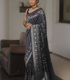Navy blue silk blend saree with blouse