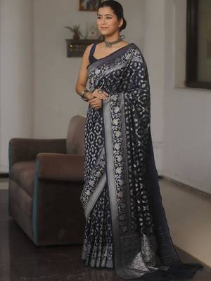 Navy blue silk blend saree with blouse 2