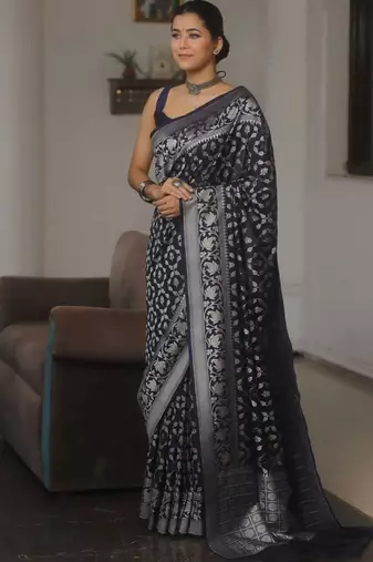 Navy blue silk blend saree with blouse