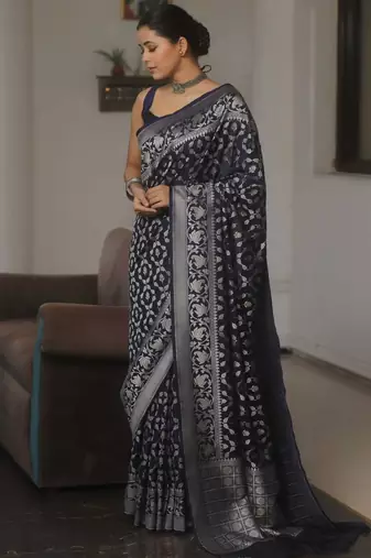 Navy blue silk blend saree with blouse
