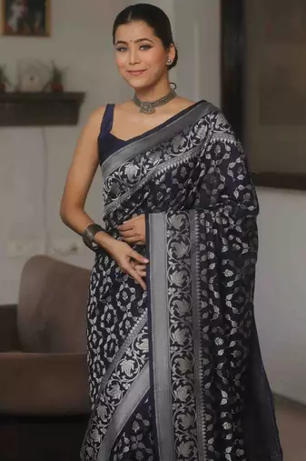 Navy blue silk blend saree with blouse