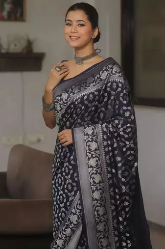 Navy blue silk blend saree with blouse