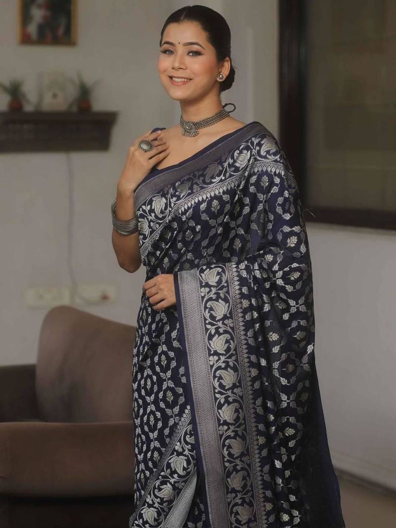 Navy blue silk blend saree with blouse