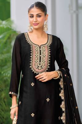 Black embroidery sequins chionon silk straight palazzo- free size stitched(size upto 42") 2