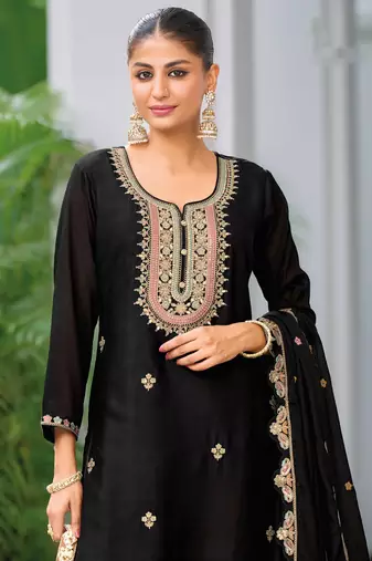 Black embroidery sequins chionon silk straight palazzo- free size stitched(size upto 42")