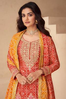 Orange embroidery sequins chinon silk straight palazzo - free size stitched(size upto 42") 2