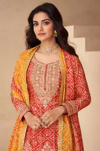 Orange embroidery sequins chinon silk straight palazzo - free size stitched(size upto 42")