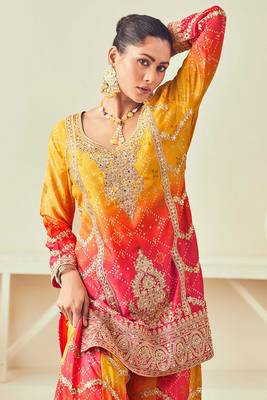 Mustard mirror embroidery sequins with print chinon silk straight palazzo - free size stitched(size upto 42") 2