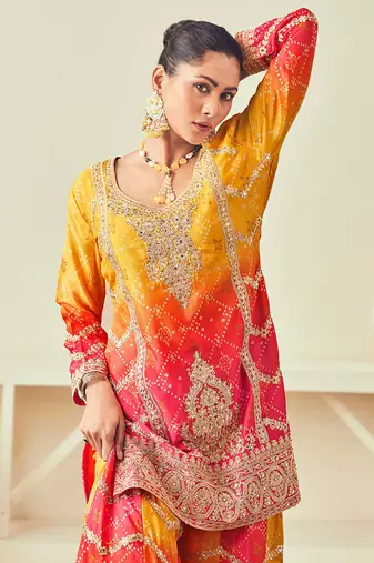Mustard mirror embroidery sequins with print chinon silk straight palazzo - free size stitched(size upto 42")