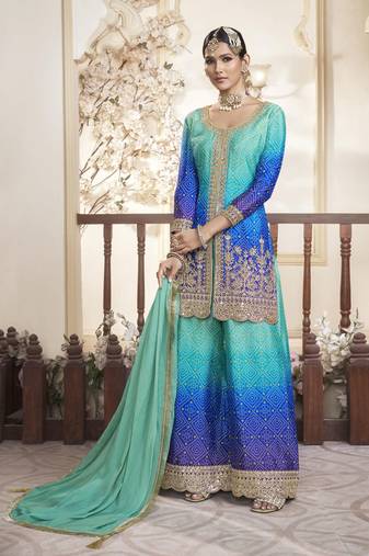 Tuquoise blue mirror embroidery sequins with print chinon silk straight palazzo - free size stitched(size upto 42")