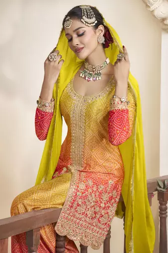 Lime yellow mirror embroidery sequins with print chinon silk straight palazzo - free size stitched(size upto 42")