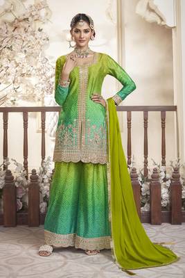 Olive green mirror embroidery sequins with print chinon silk straight palazzo - free size stitched(size upto 42") 1