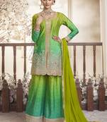 Olive green mirror embroidery sequins with print chinon silk straight palazzo - free size stitched(size upto 42")