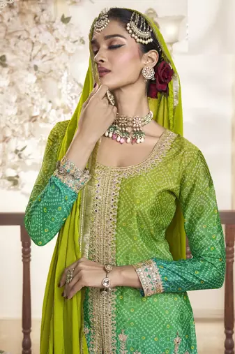 Olive green mirror embroidery sequins with print chinon silk straight palazzo - free size stitched(size upto 42")