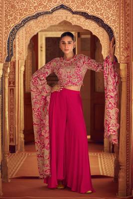Pink embroidery sequins with stone chinon silk blouse palazzo - free size stitched(size upto 42") 1