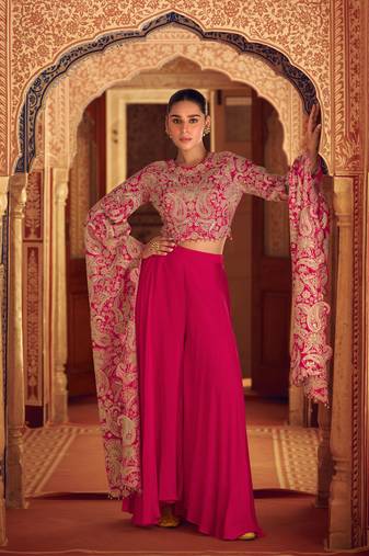 Pink embroidery sequins with stone chinon silk blouse palazzo - free size stitched(size upto 42")