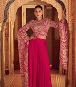 Pink embroidery sequins with stone chinon silk blouse palazzo - free size stitched(size upto 42")
